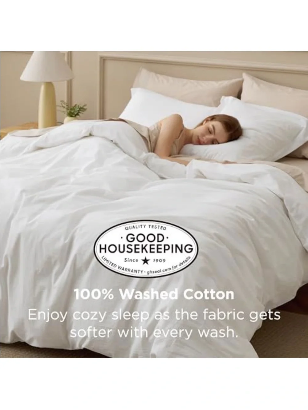 NEW Bedsure 100% Washed Cotton Duvet Cover Set (Natural White, Queen, 90